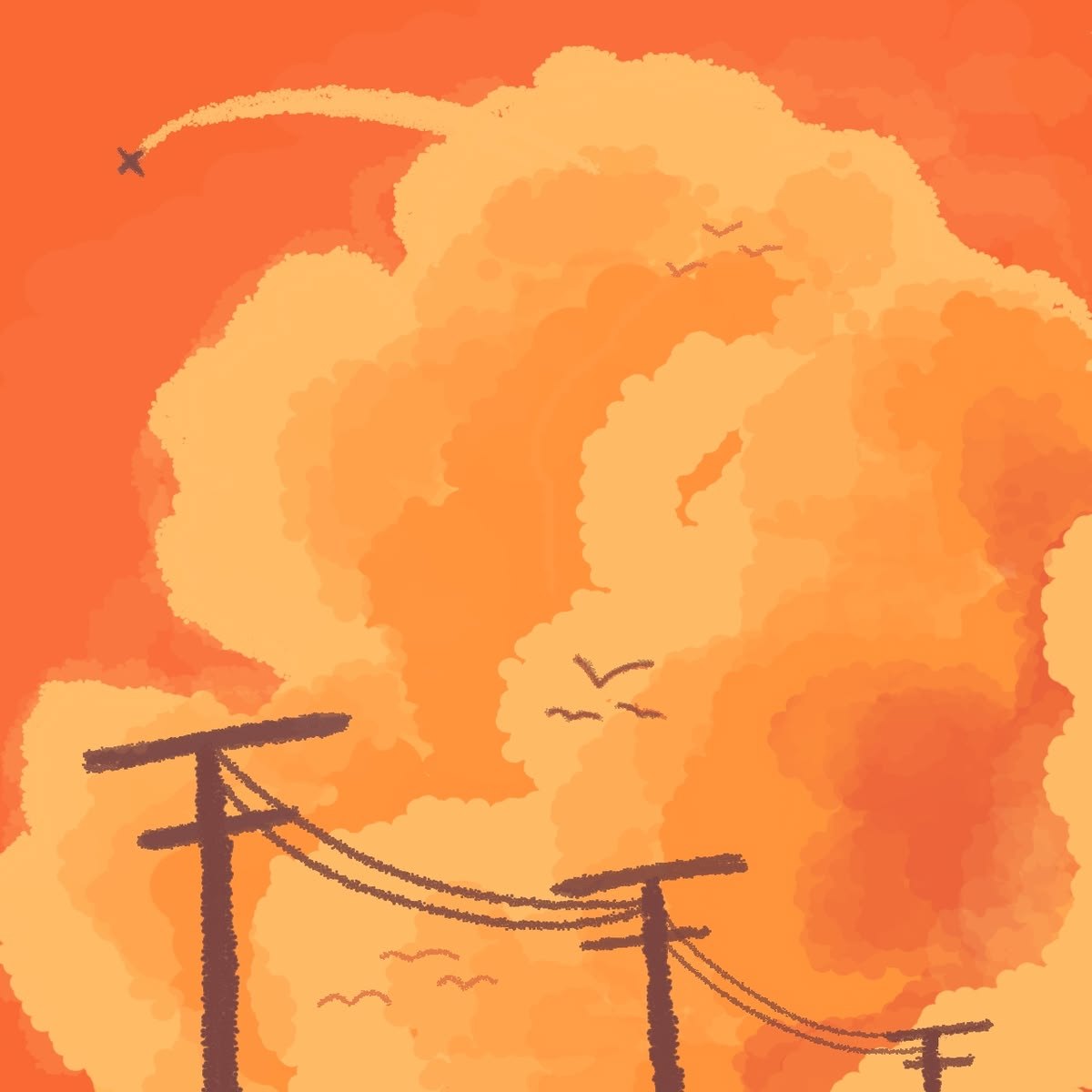 A painted orange sky with a plane trail and power lines