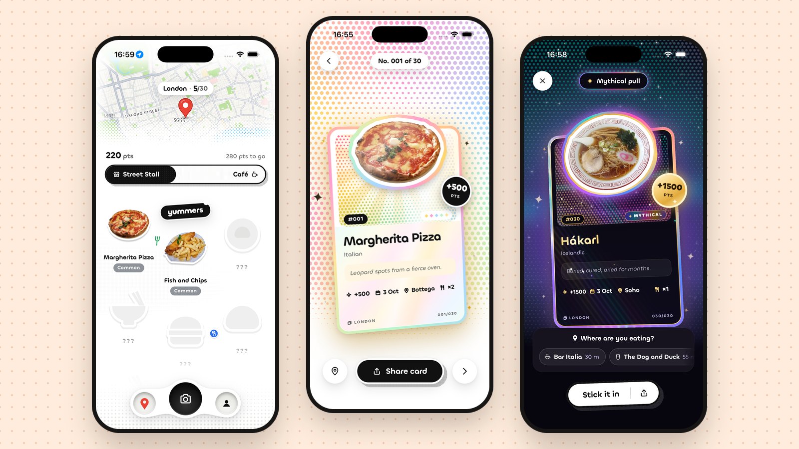 Three Yummers screens: the home map, a legendary dish card and a mythical pull